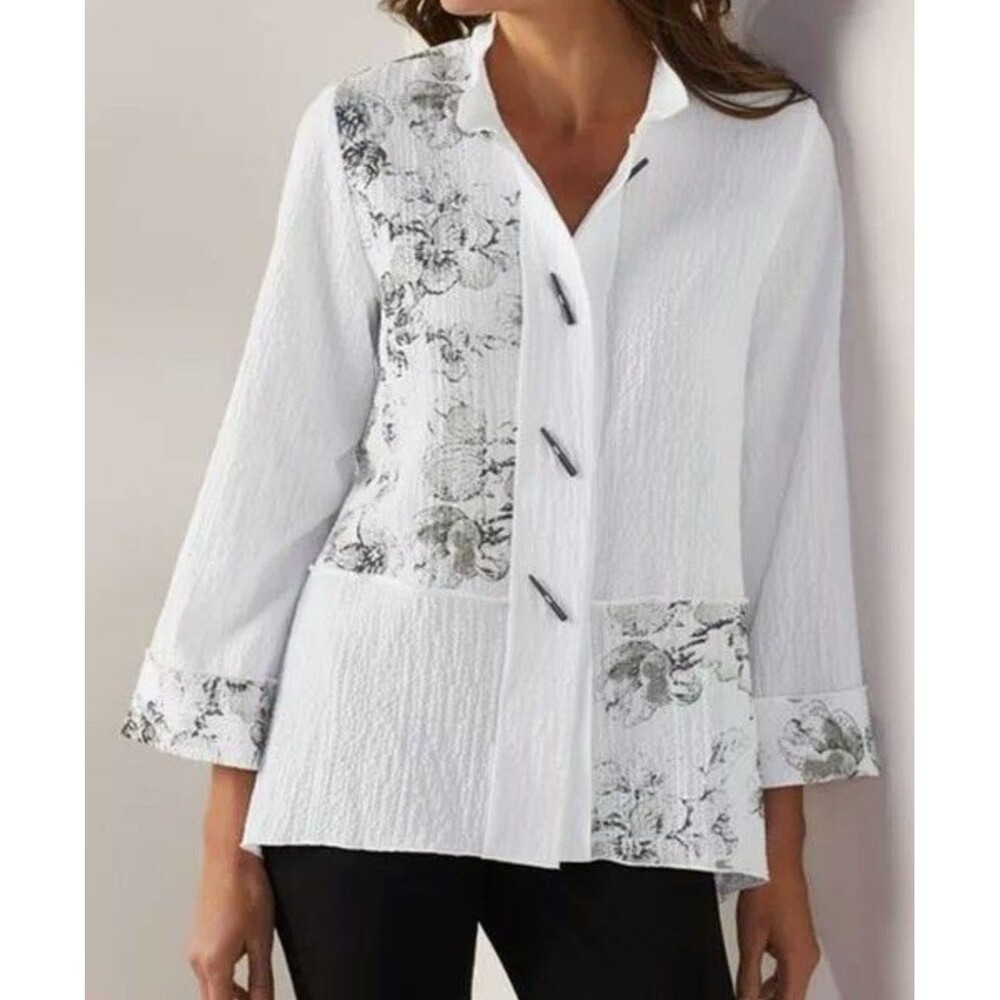 Moonlight Tunic Top 2XL White Floral Crinkle Material Asymmetrical Hem